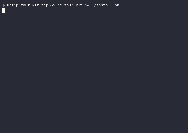 Terminal recording: unzip faur-kit, install.sh merging settings, doctor going green